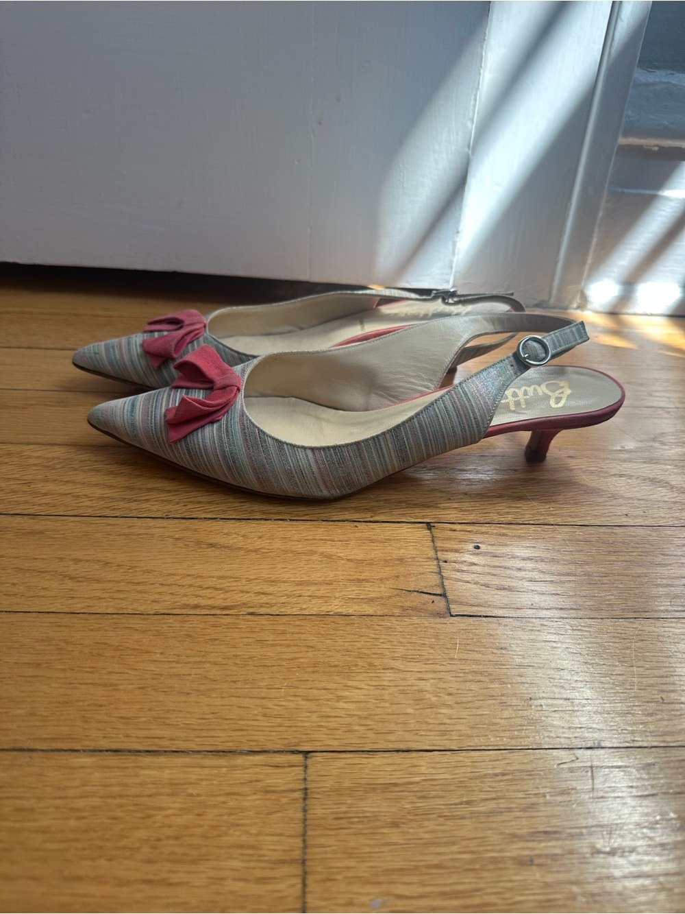 Butter Multicolor Striped Slingback Kitten Heels with Pink Bow